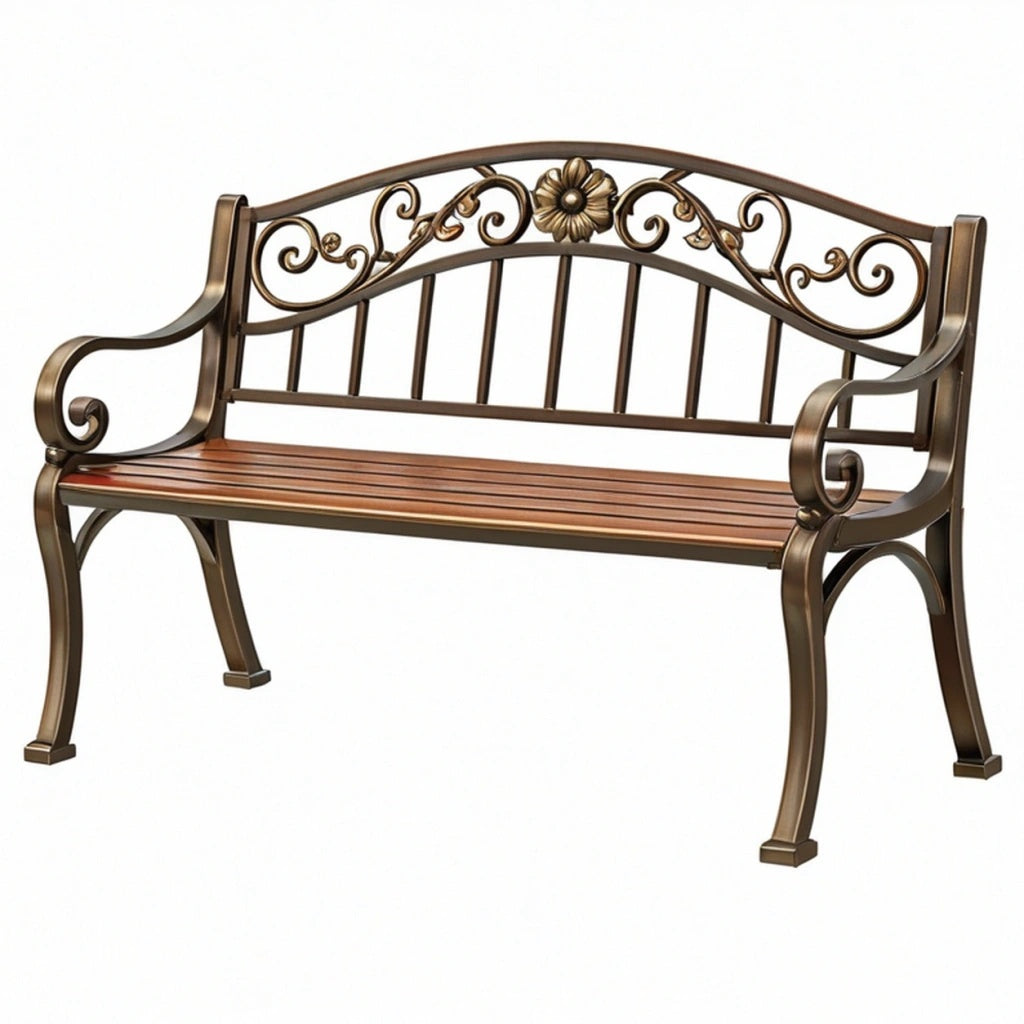 Ławka ogrodowa 125 x 60 x 90 cm metalowa brązowa w stylu klasycznym