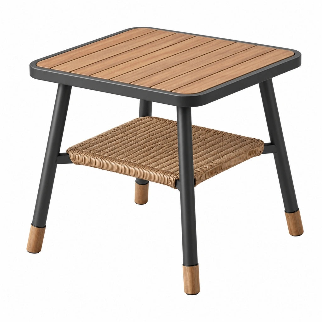 Stolik ogrodowy 70 x 50 x 50 cm z drewnianym blatem czarny/brązowy ze schowkiem w stylu nowoczesnym