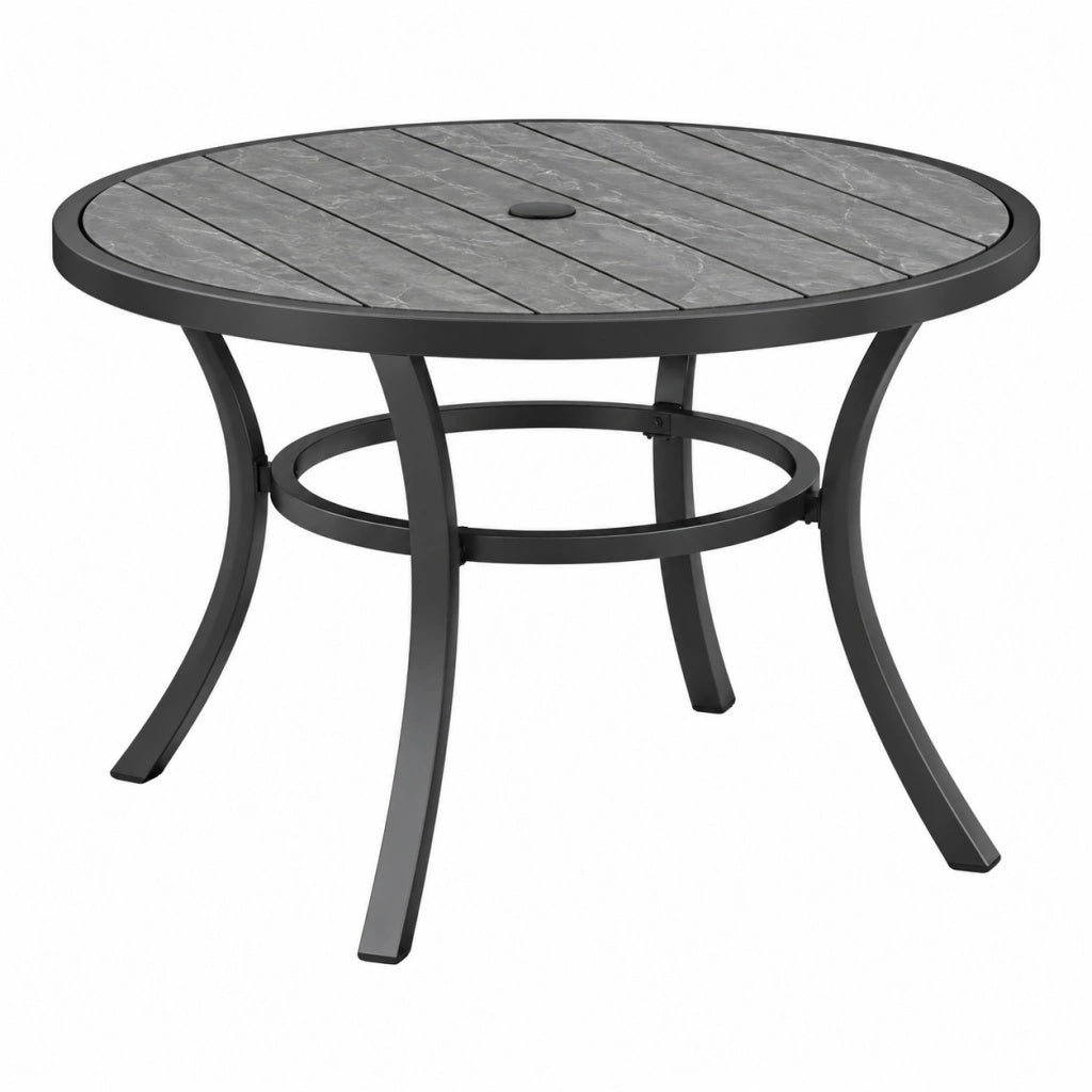 Okrągły stół ogrodowy 90 cm metalowy szaro czarny z otworem na parasol