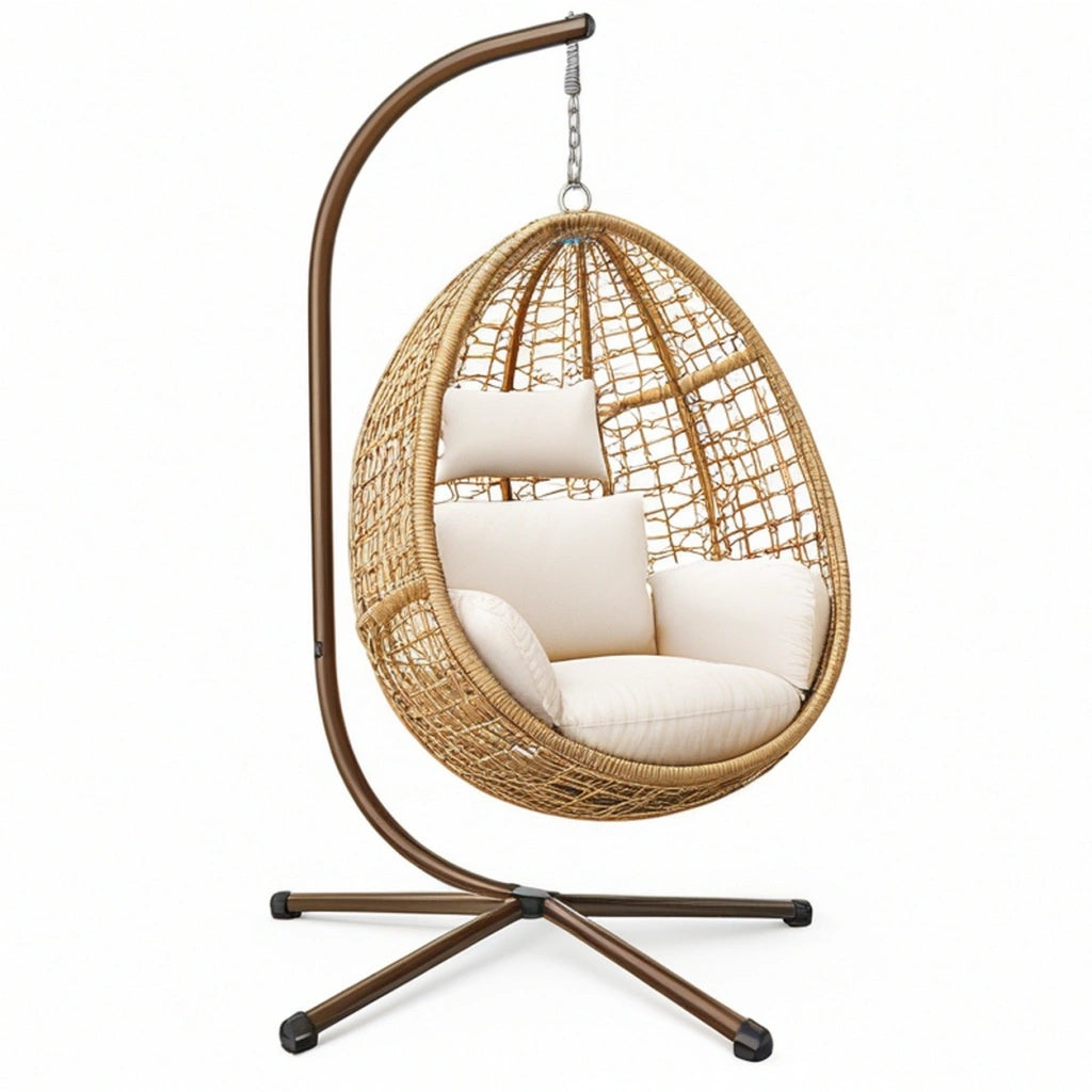 Fotel wiszący ogrodowy 105 x 105 x 195 cm rattanowy beżowy ze stalowym stelażem